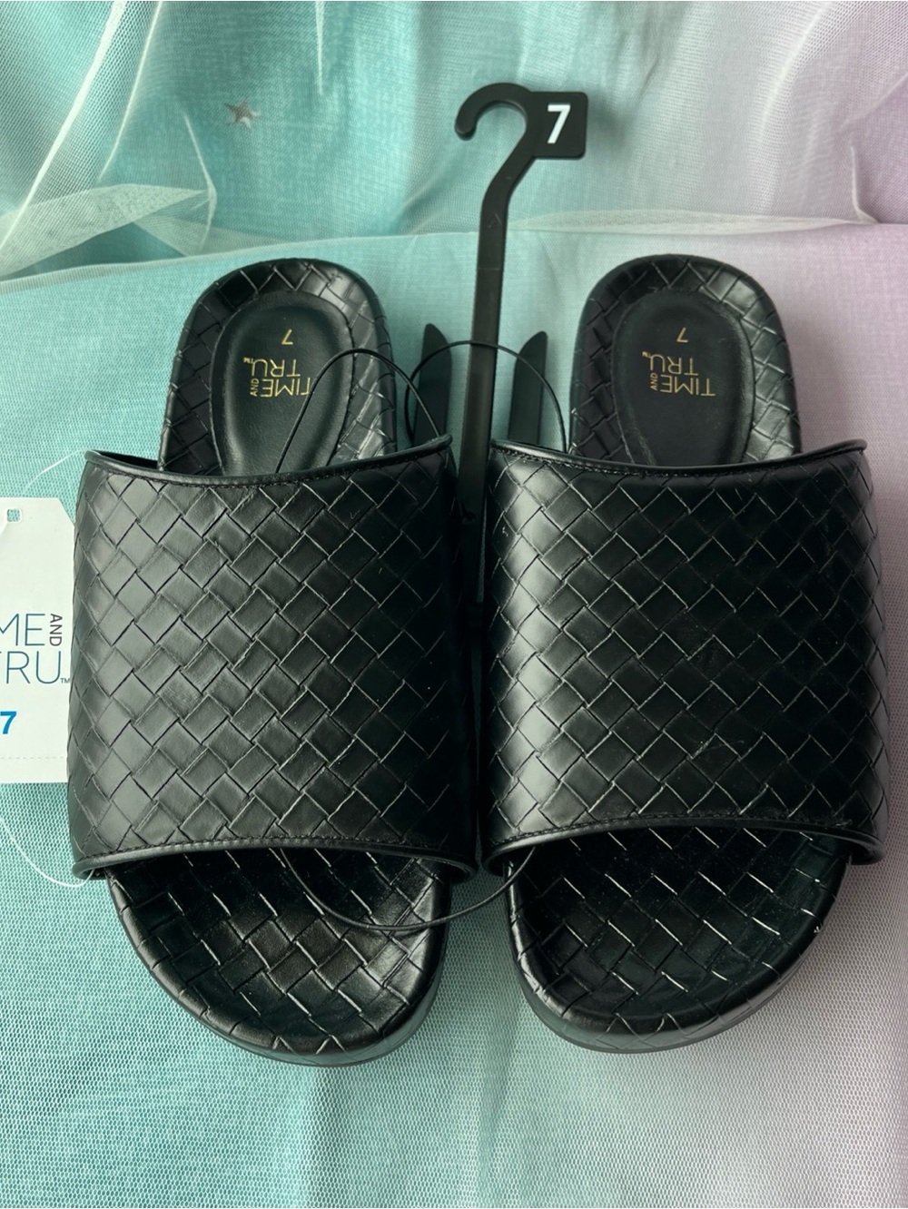 Time And Tru Black Woven Slide Sandals Slip On Synthetic Women's Size 7